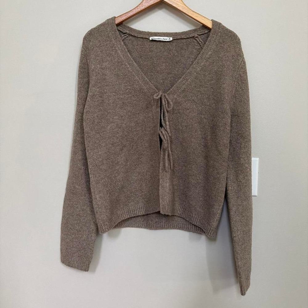 Abercrombie Wool Blend Cardigan Sweater  Taupe Brown Tie Front Knit Soft Girl M